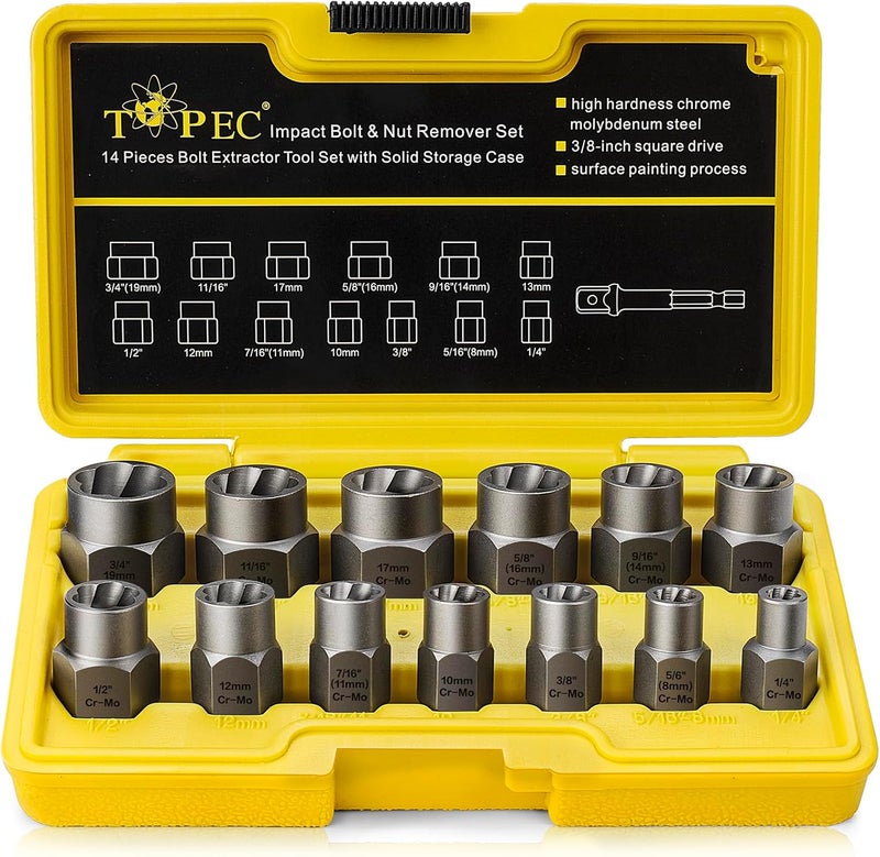 Topec 13+1 Piece Impact Bolt & Nut Remover Set, 3/8" Drive Bolt Extractor Socket Set, 8mm-19mm Stripped Lug Nut Remover, Twist Socket for Damaged, Rusted, Rounded Fasteners - Image 1